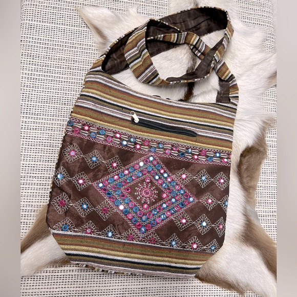 Handbags - Bohemian indie beaded embroidered shoulder bag hobo printed multicolor geometric